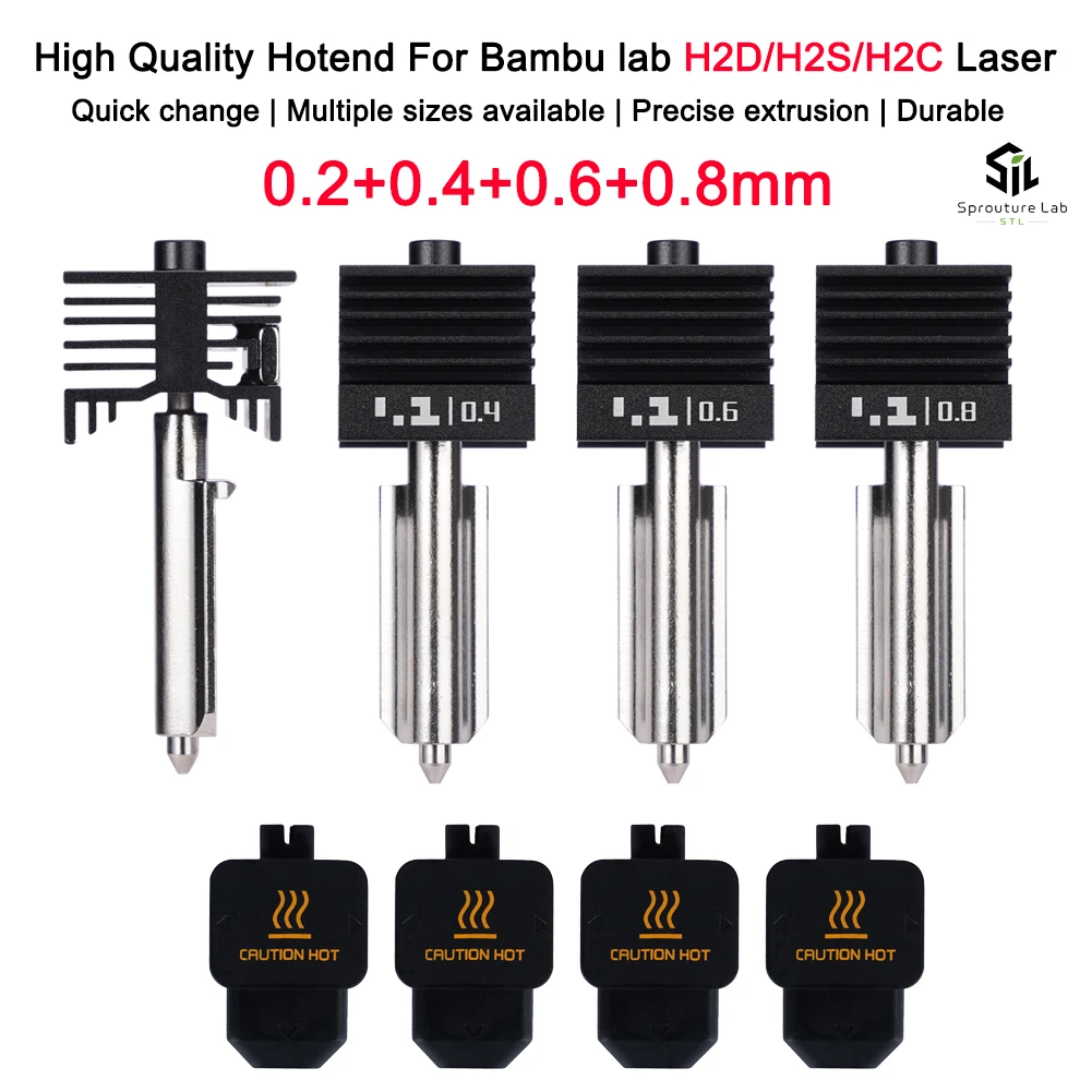New High Quality H2D H2S H2C Hotend Kit with 0.2/0.4/0.6/0.8mm Hardened Steel Nozzle Replace Hotend Kit For Bambu H2D A1 A1mini