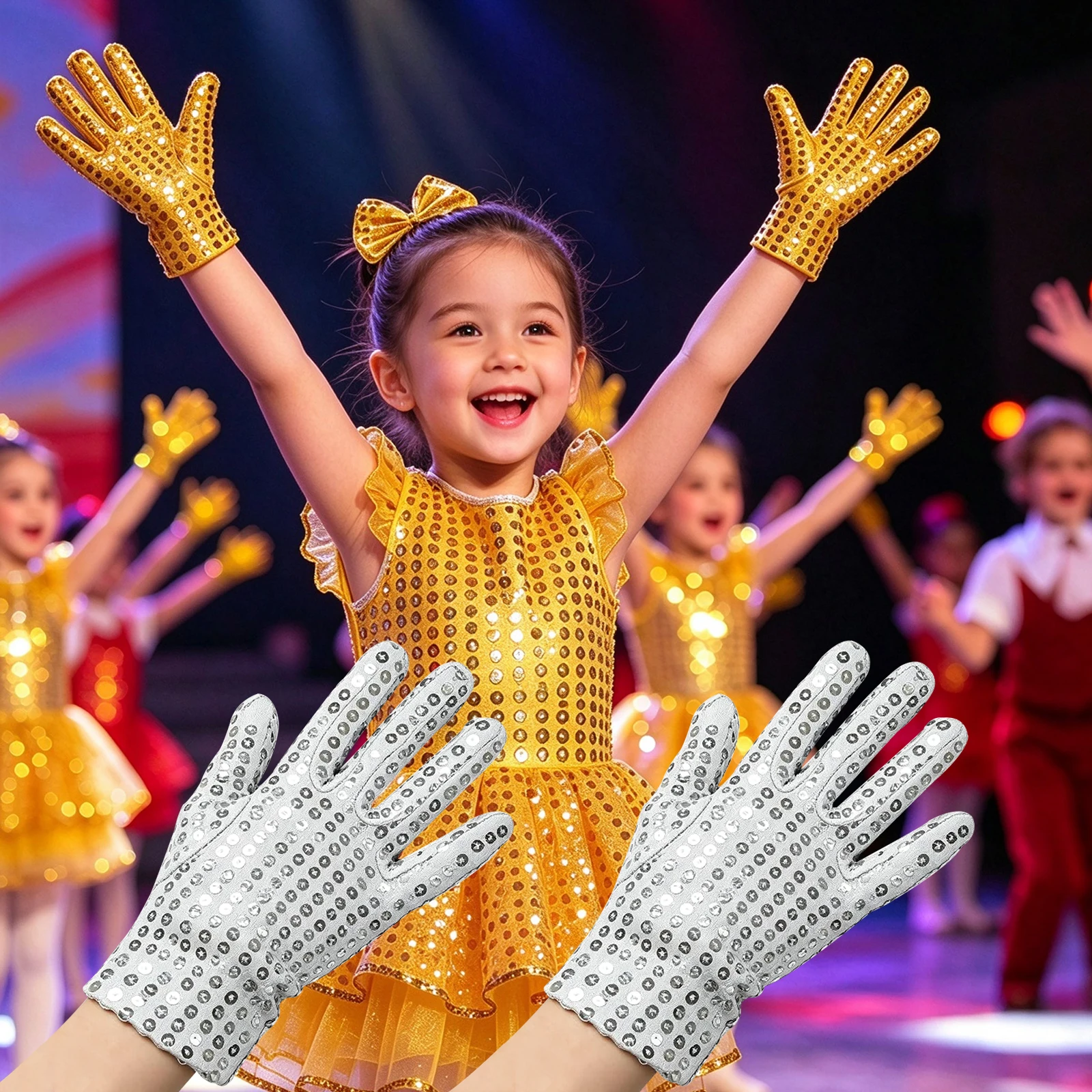 Festival Sequin Gloves for Kids,  Boys Girls Thin Dance Gloves, Fashion Performance Gloves for Stage Party Night Event