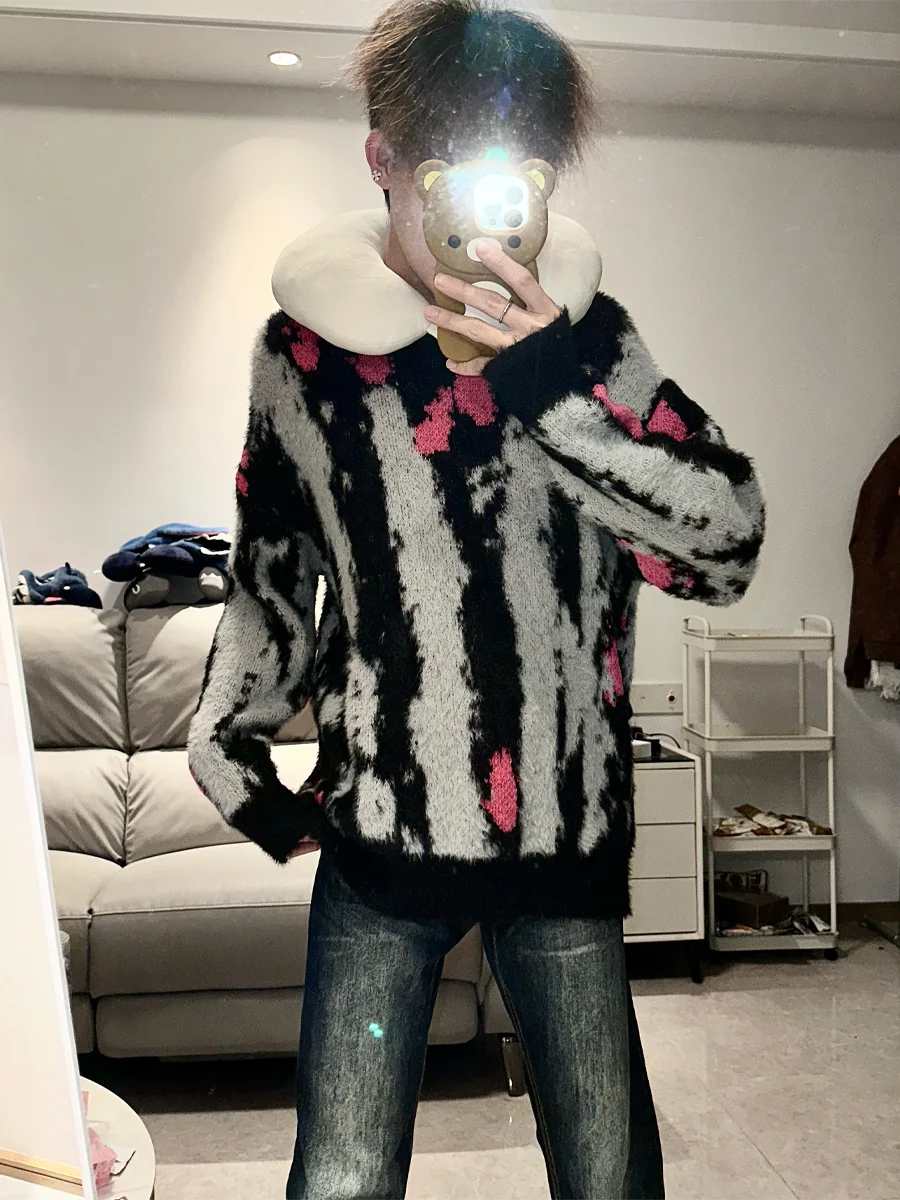 

Мужской вязаный свитер в стиле ретро с эффектом тай-дай, осенне-зимний, утепленный, свободный, повседневный, универсальный трикотажный джемпер в американском стиле, для ленивого образа