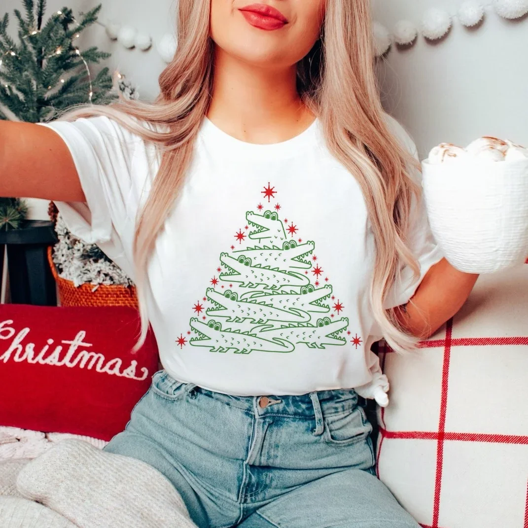 Funny Christmas Tree Crocodile Printed Cartoon T-Shirt Short Sleeve Watercolor Style Top Clothing Printed Trendy Versatile T-Shi