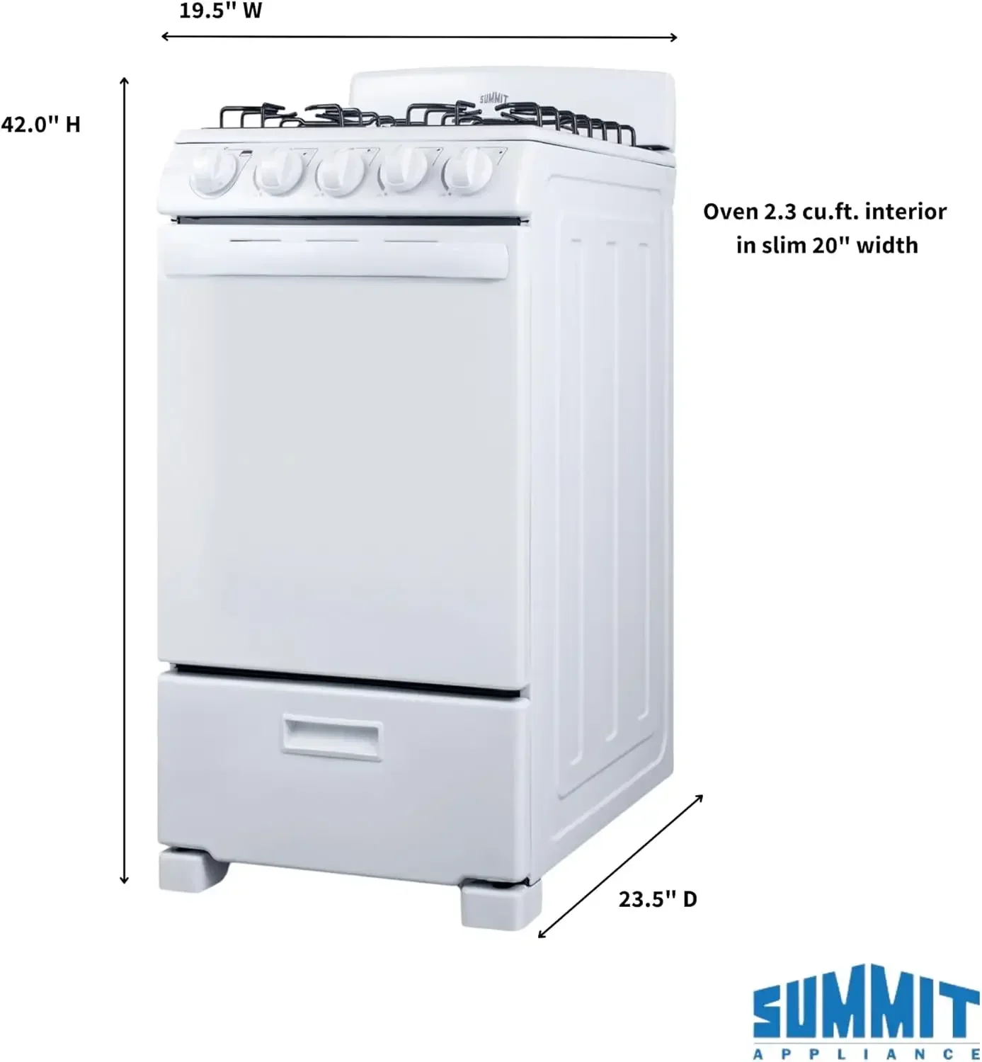 Summit 20” Gas Range, 4 Burners, Full 2.3 cu.ft Oven - (ADA Compliant) - RG200WS