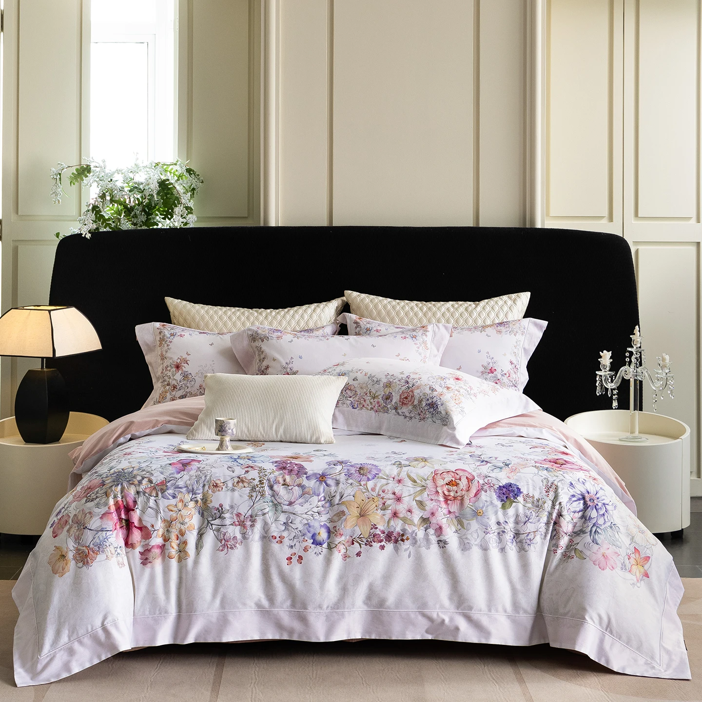 White Egyptian Cotton Bedding Sets Luxury Flowers Printing Duvet Cover Set Bed Sheet Pillowcases Solid Color Home Textile