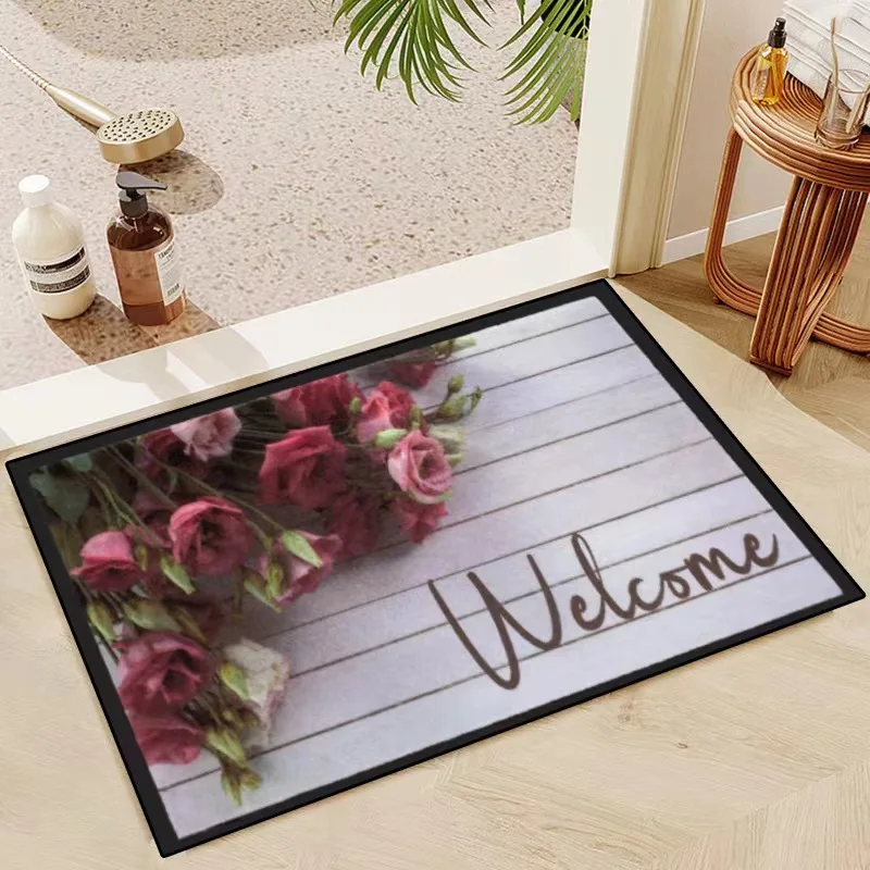 Crystal Velvet Wood Grain Flower Floor Mat Entryway Door Mat Foot Mat Non-Slip Water Absorbent Carpet