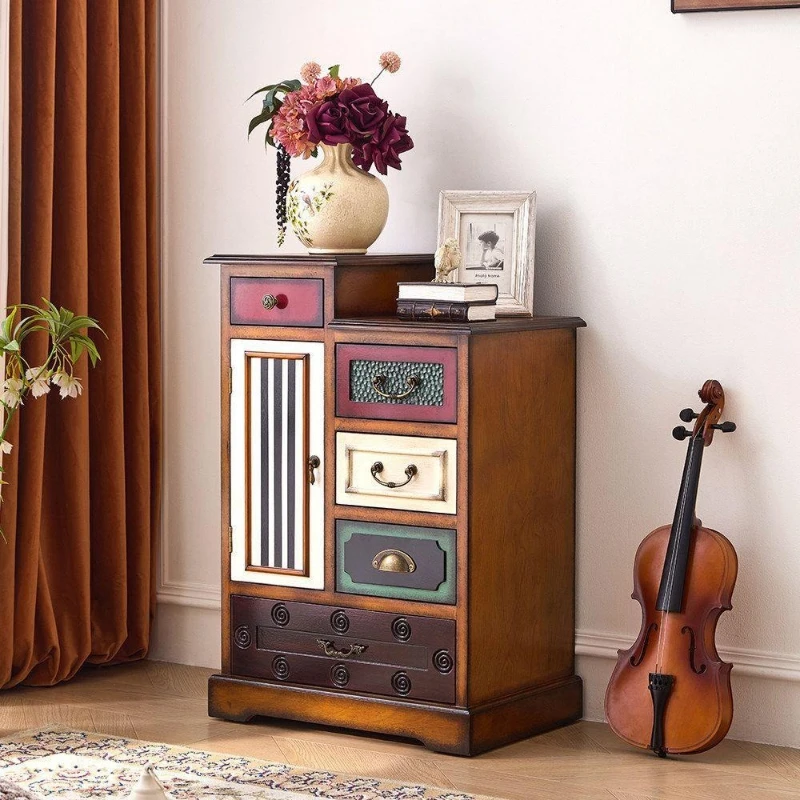 American retro solid wood chest, living room sofa storage cabinet, bedroom bedside table, floor-to-ceiling small drawer cabinet