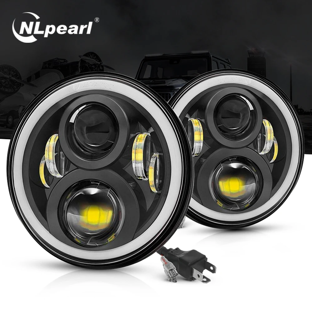 NLpearl 7 inch Led Headlight Hi/Low H4 Light Halo Angle Eyes Led Headlamp For Lada Niva Urban Jeep Wrangler Off Road 4x4 12V 24V