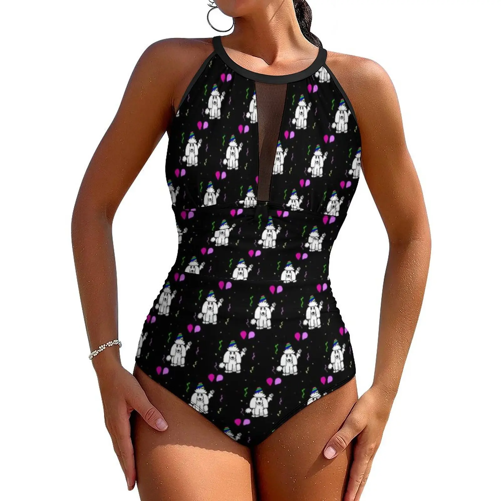 Birthday Poodle Swimsuit Sexy Dog Sport Print Woman Swimwear One-Piece Novelty Bodysuit Holiday Rave Push Up Mesh Bathing Suits