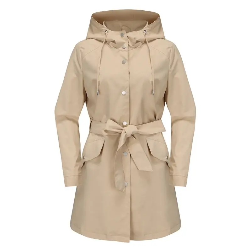 

A24F-Women Hooded Classic Tie Belt Drawstring Outdoor Activity Waterproof Rain Coat Windbreaker