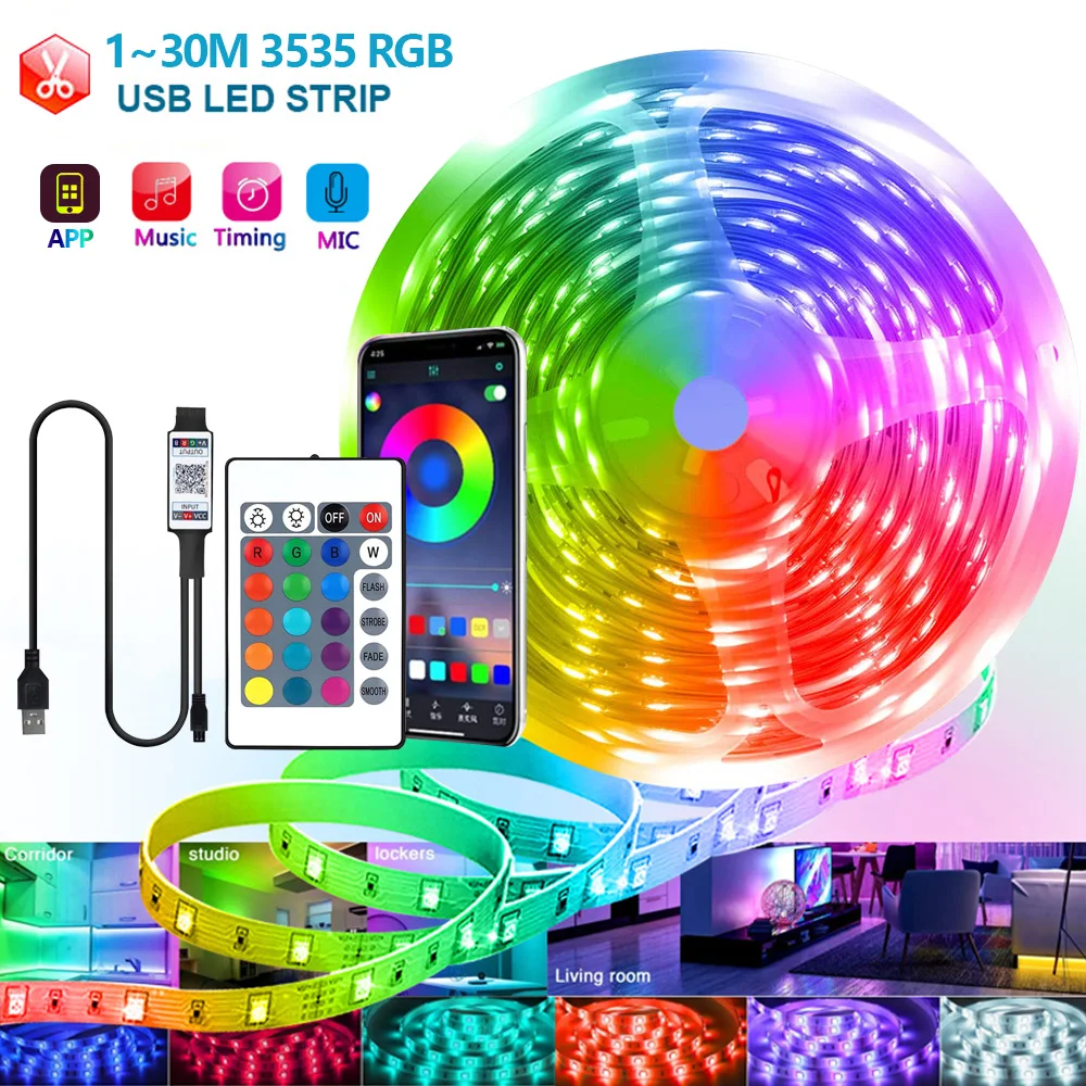 LED Strip 5V RGB 3535 Music Sync 24Keys Bluetooth APP Control RGB LED Tape for Bedroom Gaming Room Christmas Decoration Lights