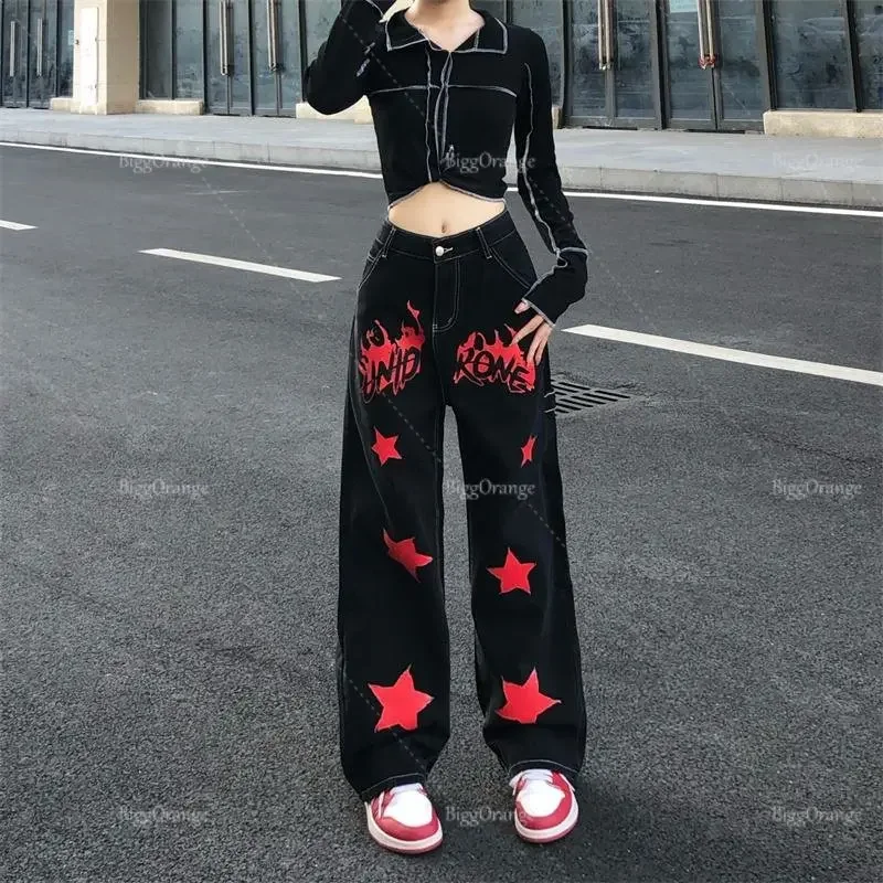 

New American Retro Flame Star Print Jeans Fashion Loose Straight Trousers For Men And Women Baggy Wide Leg High Waisted Jeans