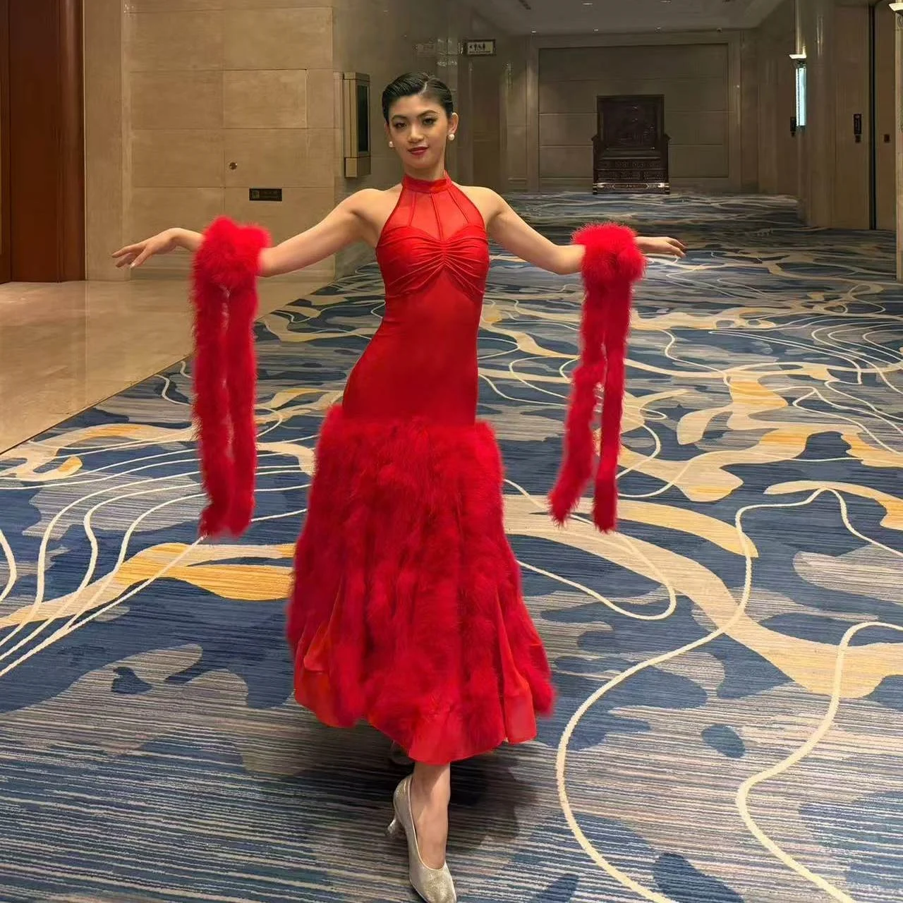 Red Feather Ballroom Dance Competition Dress Women Prom Party Luxury Dress Waltz Dance Costume Tango Performance Dresses BL19969