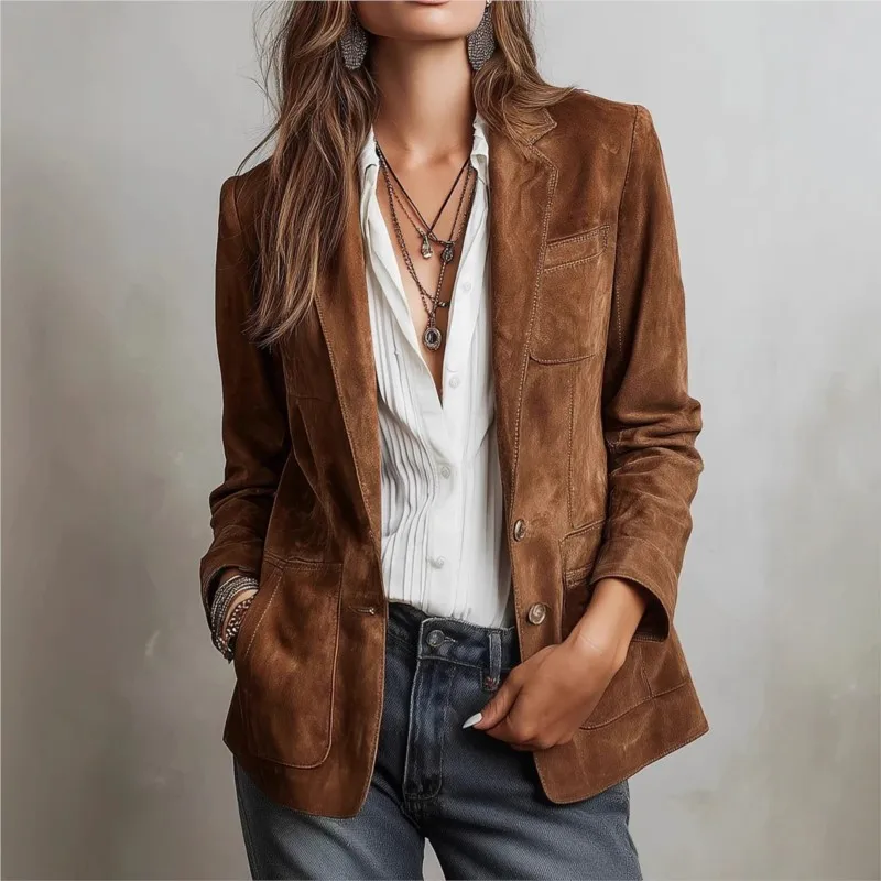 2025 mode femmes Blazer veste en daim vêtements d'extérieur printemps marron à manches longues Blazer Vintage solide costume manteau femmes Top Blazers