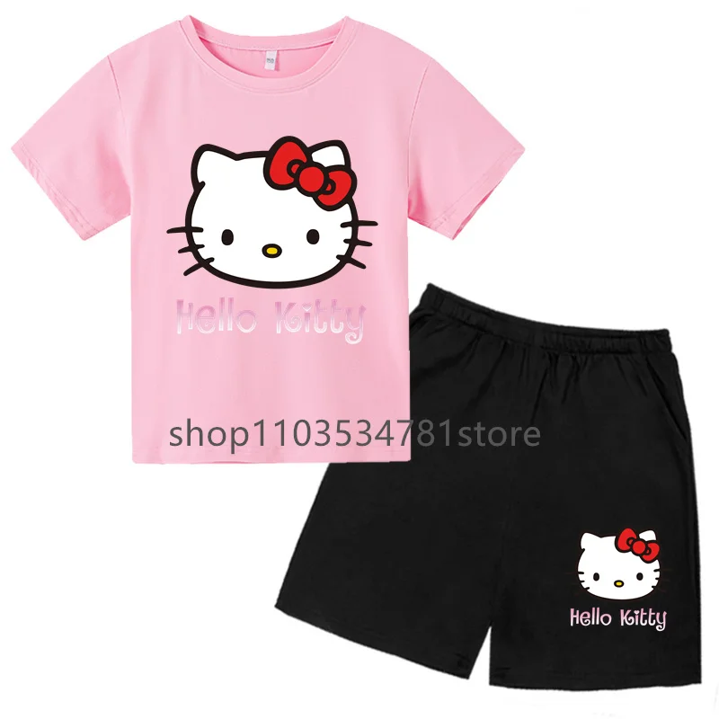 Hello Kitty Tshirt Set Kids Clothes Girls Fashion Top Children Short Sleeve Round Neck Casual Summer Baby T shirt Set Tops