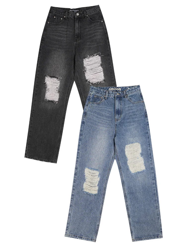 

High Waist Casual Denim Jeans Women's Loose Straight Leg Pants Vintage Faded Hole Wear Resistant Summer Deep Color