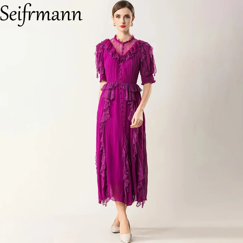 

Seifrmann 2026 Spring Women's New Fashionable Round Neck Short Sleeve Splicing Lace Waist cinching pleated Dress