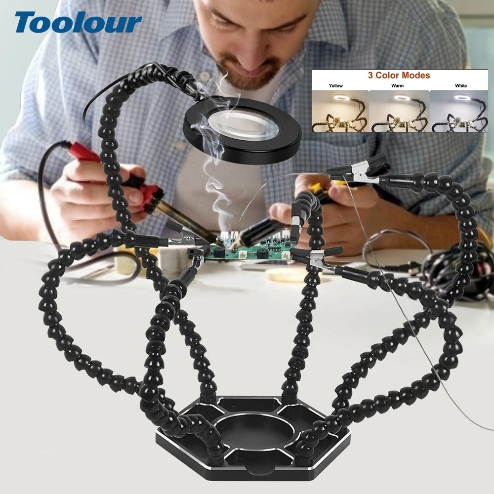 Toolour Welding Helping Hand Soldering Third Hands with 3X LED Magnifier 6 Flexible Arms Aluminum Base for Soldering , Repair