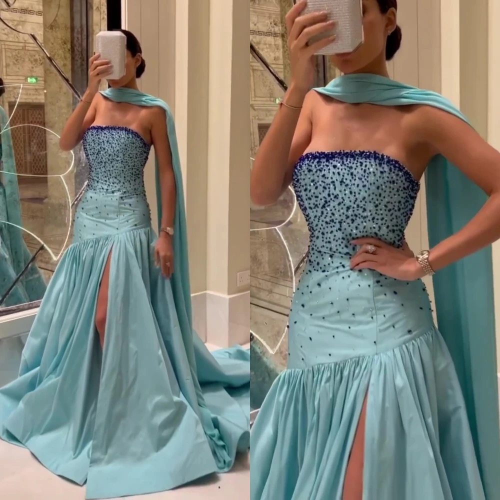 

Prom Dresses Sexy Strapless Mermaid Evening Beading Beaded Satin Formal Occasion Gown vestido de festas longo casamento