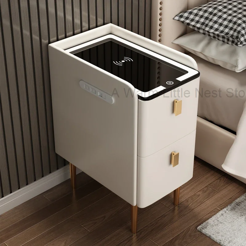 Modern Italian Nightstands Multifunctional White Drawers Smart Bedside Table With Wireless Charger Nachttisch Bedroom Furniture