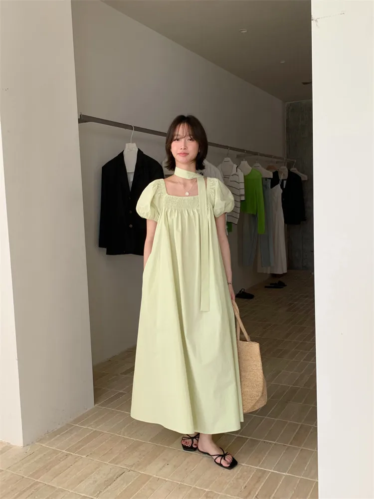 Púrpura amarillo azul marino estilo Simple moda vacaciones vestido largo suelto vacaciones de verano cuello barco elegante manga corta Puff vestido Casual