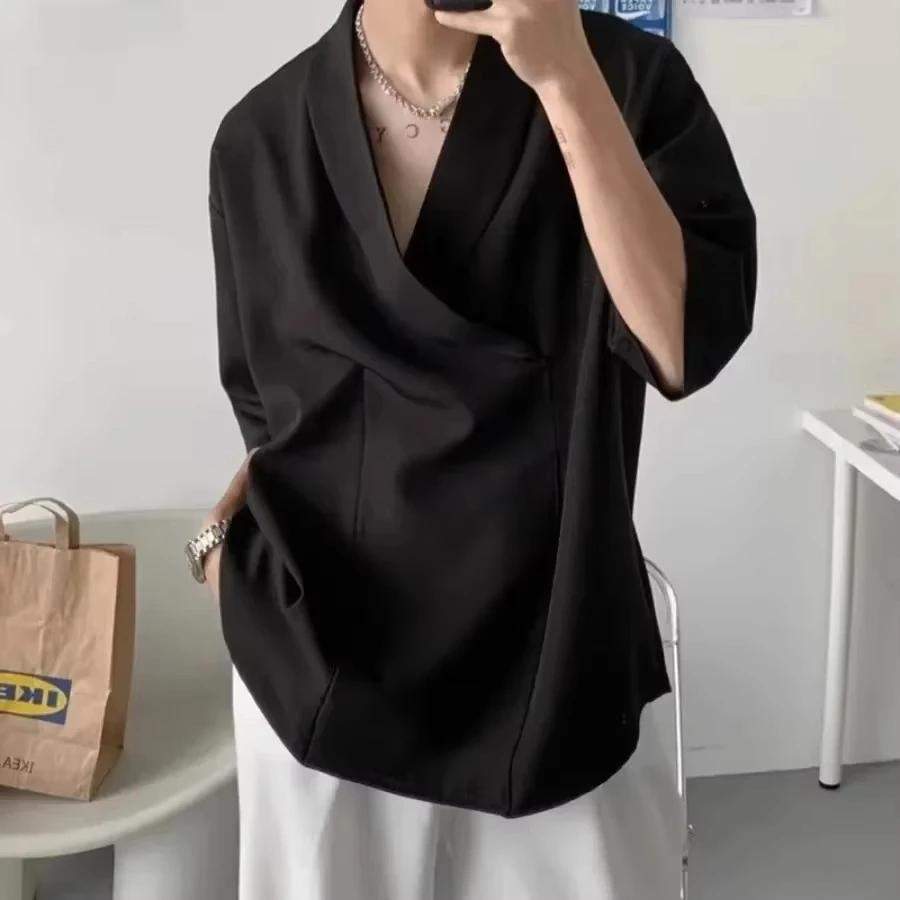 Summer Solid Deep V-neck Shirts Men's Fashion Casual Pullovers Korean Style Loose Short Sleeve Shirts New Male Trend Tops