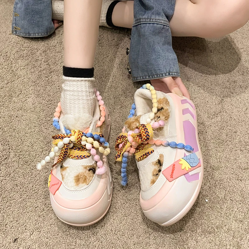 Designer Cute Kawaii Dad Shoes for Women Girls Platform Vulcanized Shoes Ladies Colorful Round Head Casual Fur Warm Shoes Winter