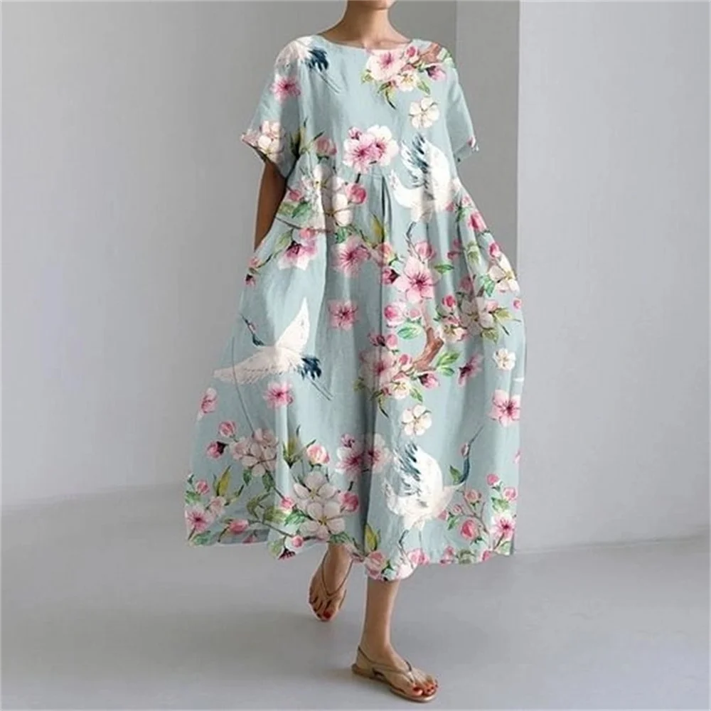 Cartoon Fish Print Short Sleeve Elegant Long Dress Ladies Large Size Round Neck Pocket Dress Summer New Daily Casual Dress