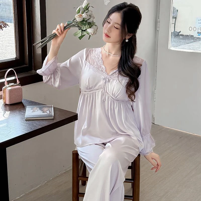 

Весна 2025 года, шелковый атлас с длинными рукавами, сексуальные кружевные пижамные комплекты с v-образным вырезом, женская одежда для сна с милым бантом, костюм, домашняя одежда, Pijama Mujer, домашняя одежда