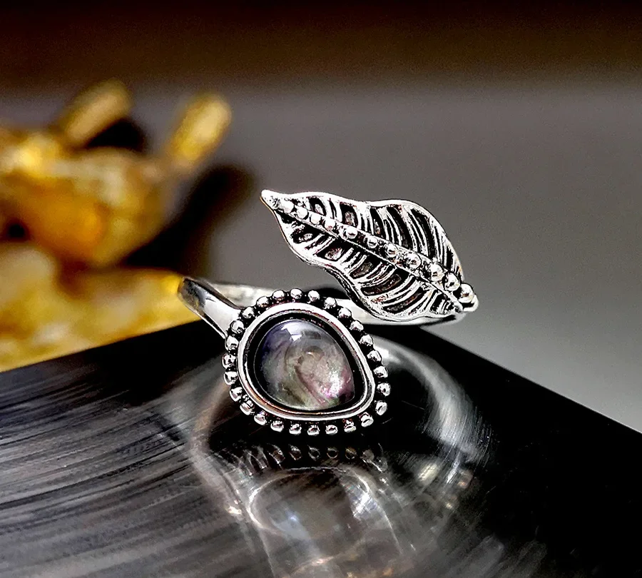 Antique Fashion Leaf Colorful Stone Rings For Women Adjustable Opening Rings Party Jewelry Charm Gifts Custom Jewelry