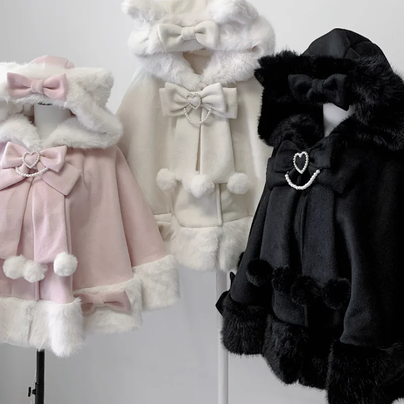 الفتيات الحلو لوليتا الخريف الشتاء مقنعين عباءة اليابانية لطيف القوس الرؤوس العباءات Y2K أفخم الدافئة سترة قصيرة سيسي تأثيري حلي #4