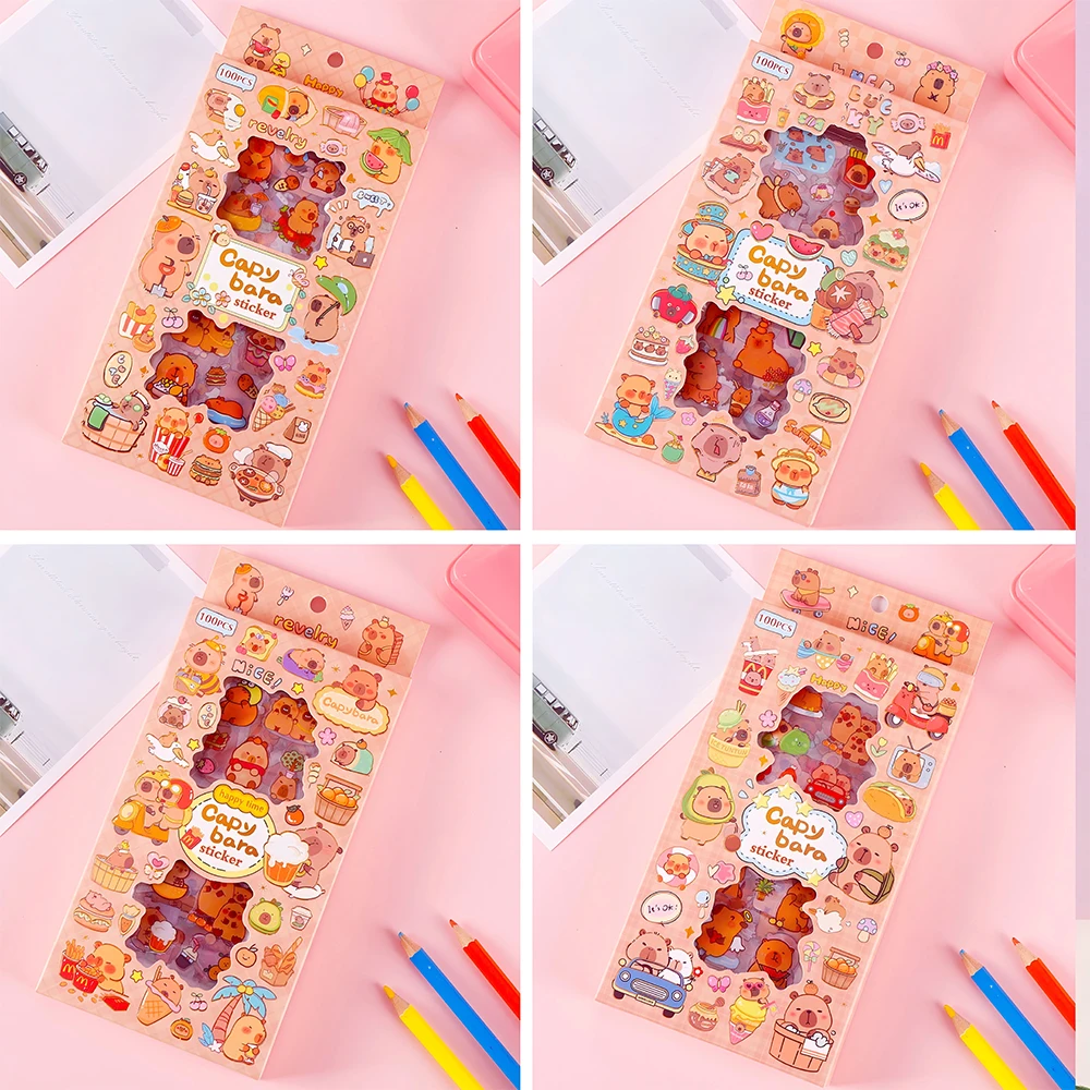 

100pcs/box Cute Animal Capybara Stickers Cartoon Kids Reward Decals DIY Notebook Stationery Phone Transparent Sticker Toy Gifts