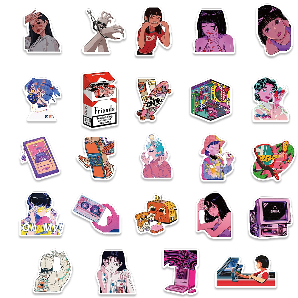 50pcs Fashion Retro City Pop Girls Cartoon Stickers For Laptop Phone Guitar Luggage Waterproof Graffiti Bicycle Car Decals