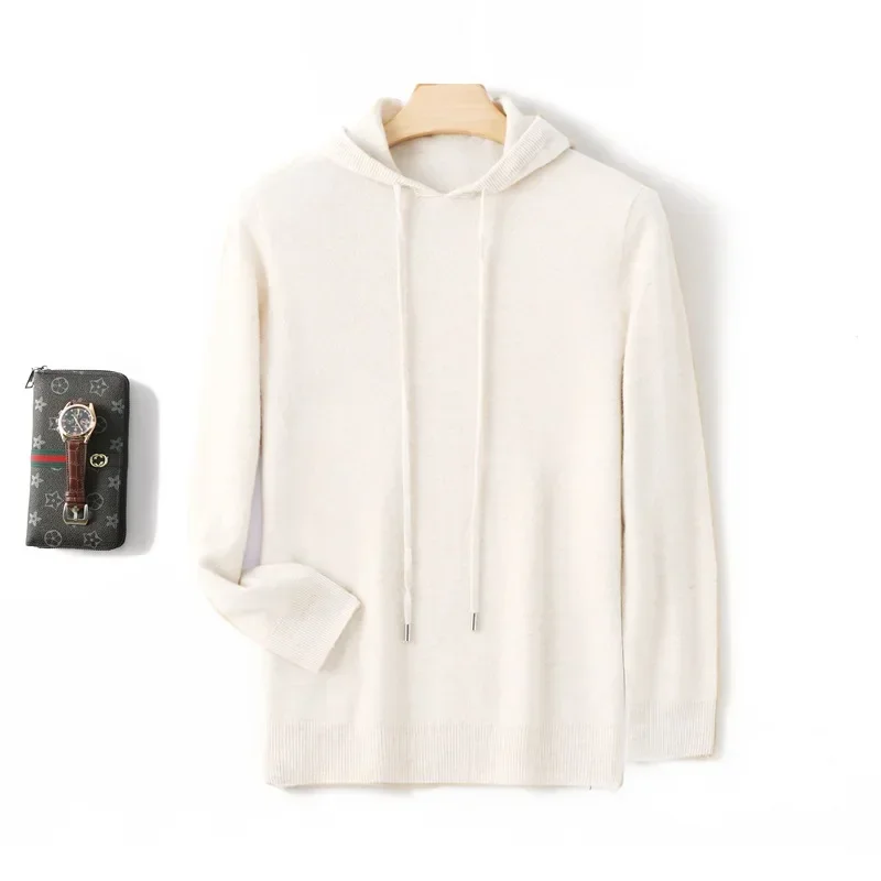 Men's 100% Wool  Hooded Sweater Autumn Winter New 2024 Sweater Hooded Collar Knitted Pullover Casual long Sleeved Hoodie