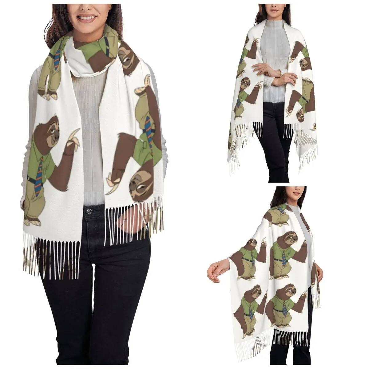 Zootopia Sloth Judy And Nick Scarf for Women Winter Warm Pashmina Shawls and Wrap Large Scarves with Tassel Daily Wear