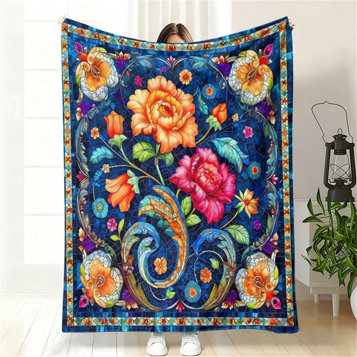Stained Glass Floral Mandala Throw Blanket, Vibrant Mosaic Decor for Couch, Bed, Living Room & Bohemian Home Settings