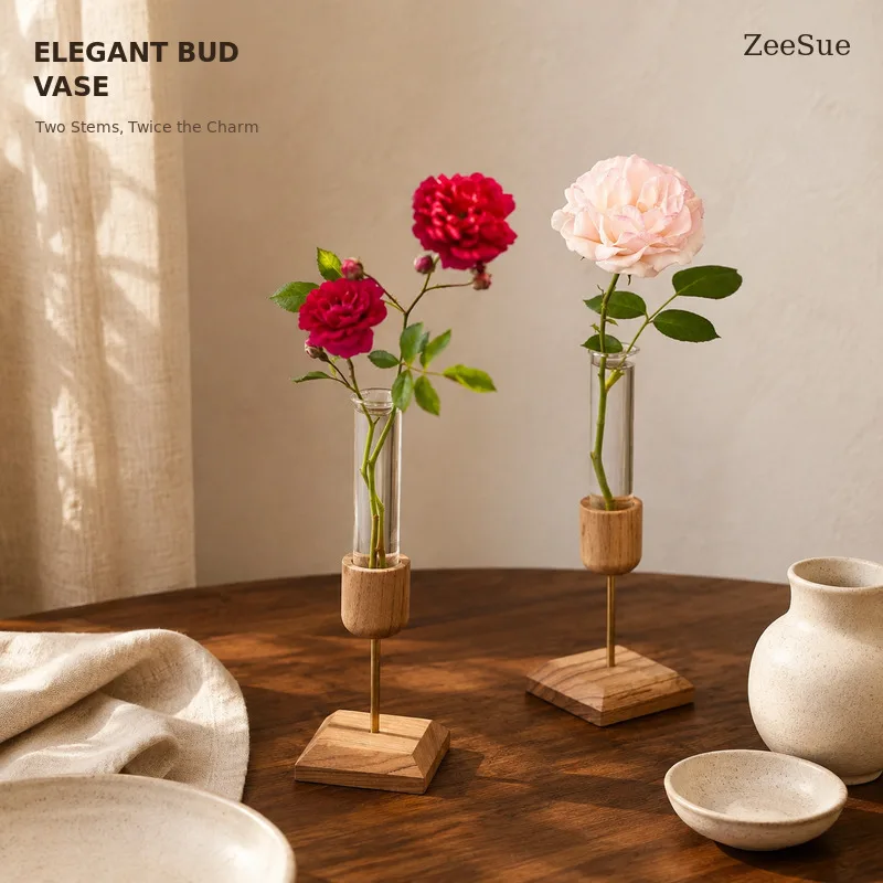 Modern Wooden Test Tube Vase with Metal Base, Clear Glass Bud Flower Display for Home, Office and Wedding Decor