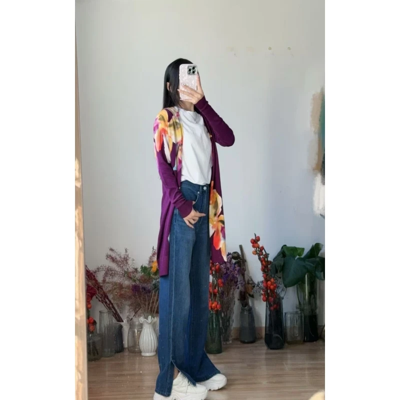 Cárdigan abierto con estampado floral de color morado puro, suéter fino de punto sin botones, Jaet, exterior de verano de fibra de poliéster de longitud media para mujer...