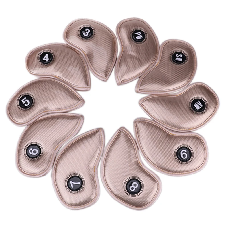 

10Pcs/Set PU Golf Head Cover High Strength Golf Headcovers with Magic Tape Fit Main Golf Iron Club Rose Gold