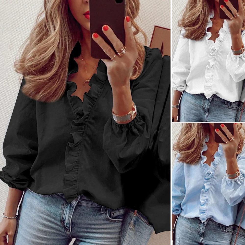 Camicie autunnali da donna Camicetta con scollo a V con dettagli a balze 2025 e maniche a sbuffo per un stile quotidiano giocoso ma chic