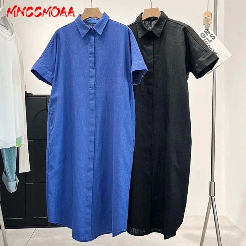 

2025 Summer New Women Fashion Blue Linen Shirt Dress Casual Loose Short Sleeve Midi Dresses Ladies﻿﻿﻿