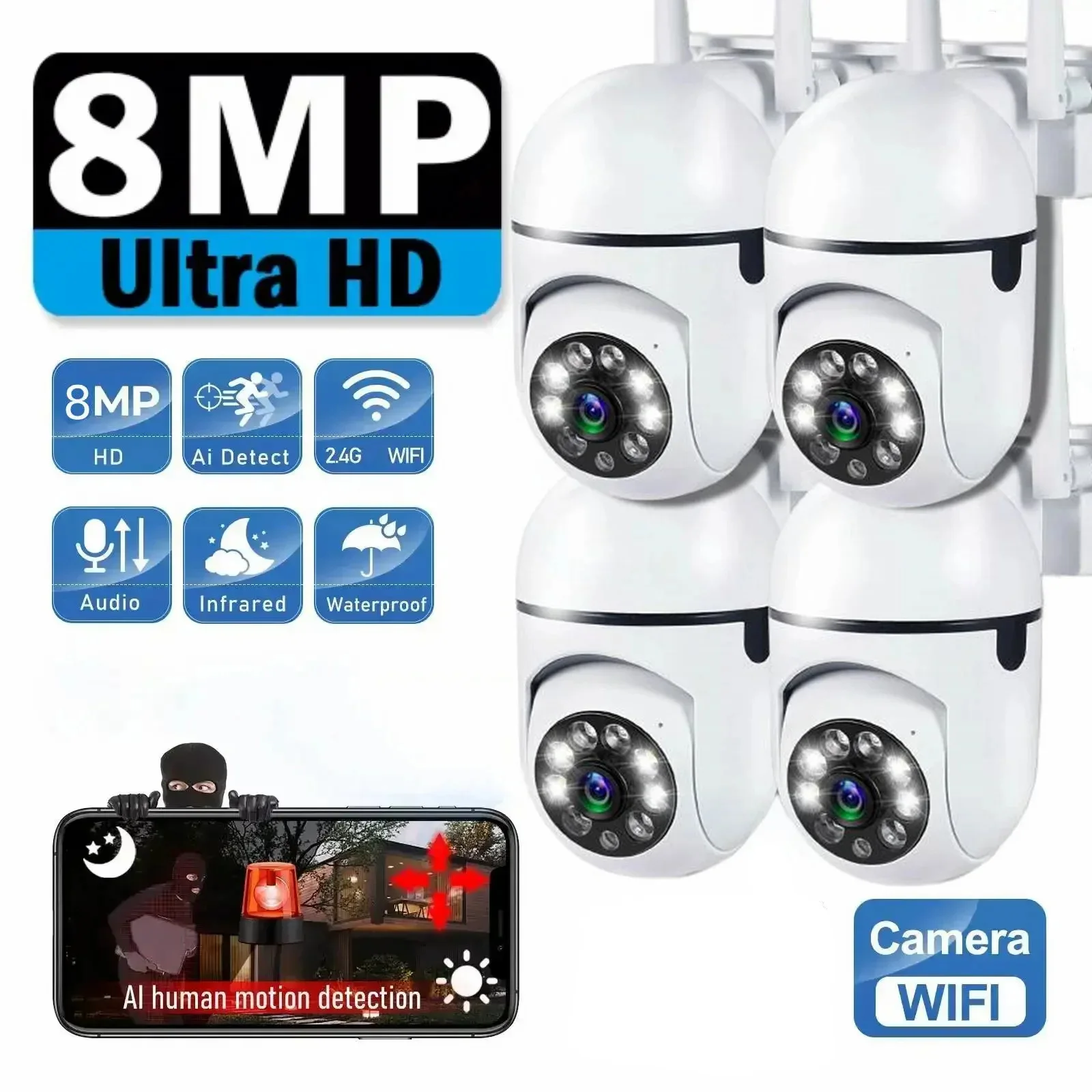 8MP Surveillance Camera PTZ CCTV IP Wifi Camera 4X Zoom Security Protection Wireless Home AI Human Trcking Outdoor Two Way Audio