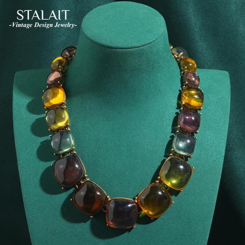 Vintage Crystal Glass Colorful Choker Necklaces Party Antique Gold Color Statement Round Bohemian Luxury Designer Jewelry Gifts