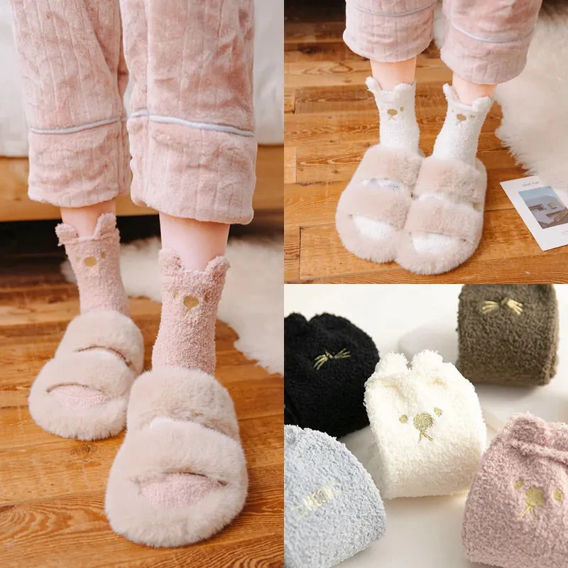 Super Soft and Warm Fluffy Foot Socks Mid-tube Plus Thickening Warm Coral Fleece Socks Female Winter Warm Lounge Slipper Socks