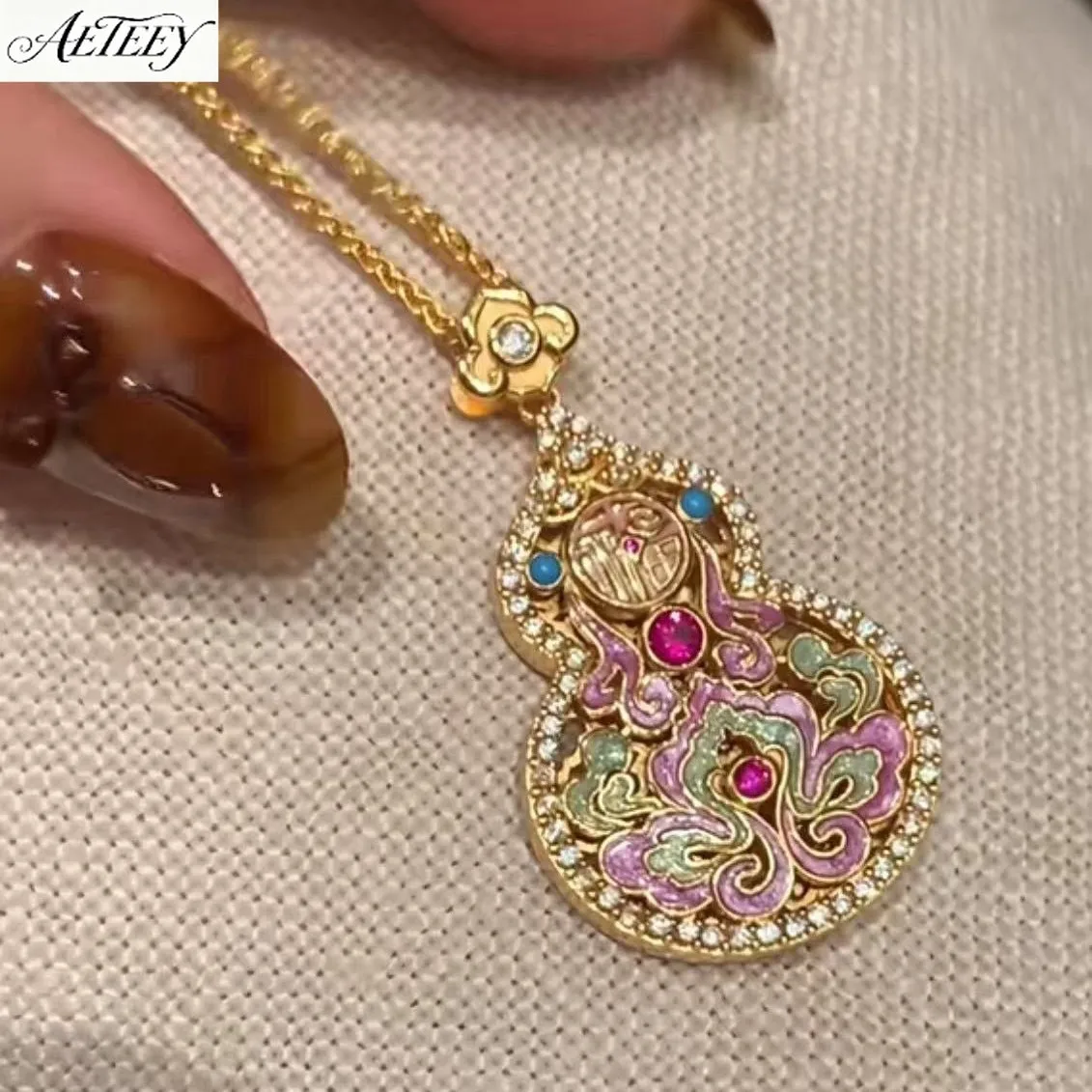 AETEEY S925 Sterling Silver Enamel Gourd Sweater Chain Niche Light Luxury Women Long Necklace Jewelry