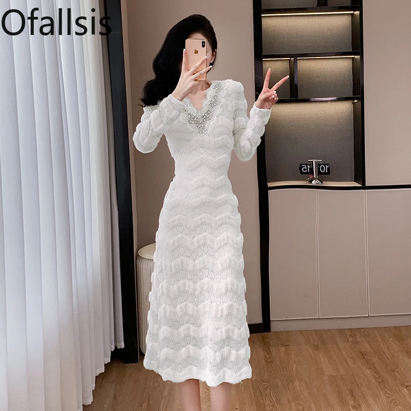 Ofallsis White V neck Evening Dress 2024 Autumn New Women's Lace Temperament New Collection Long Sleeved Nail Diamond Dresses