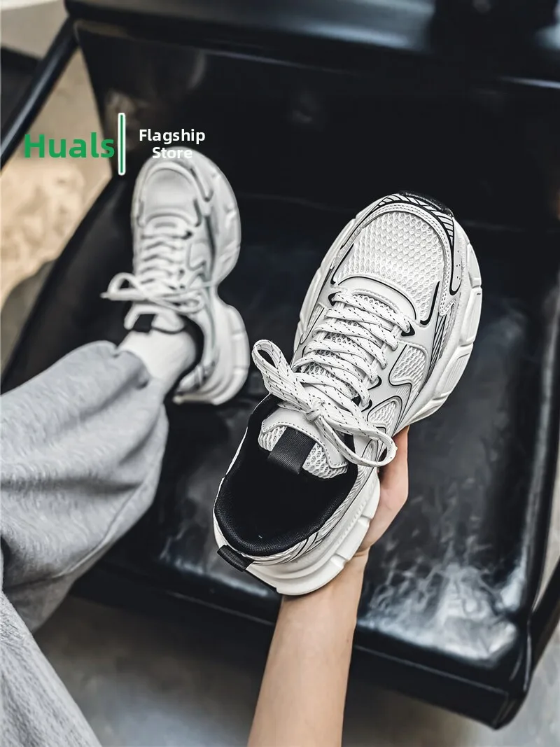 Men's Casual Running Shoes Breathable Mesh Upgraded Version Dad Trendy Thick Bottom High Top Sports Sneakers for Autumn