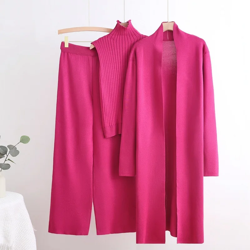 

Autumn and Winter Long Windbreaker High Neck Inner Vest Sweater Elastic Waist Wide Leg Pants Knitted Three-piece Set