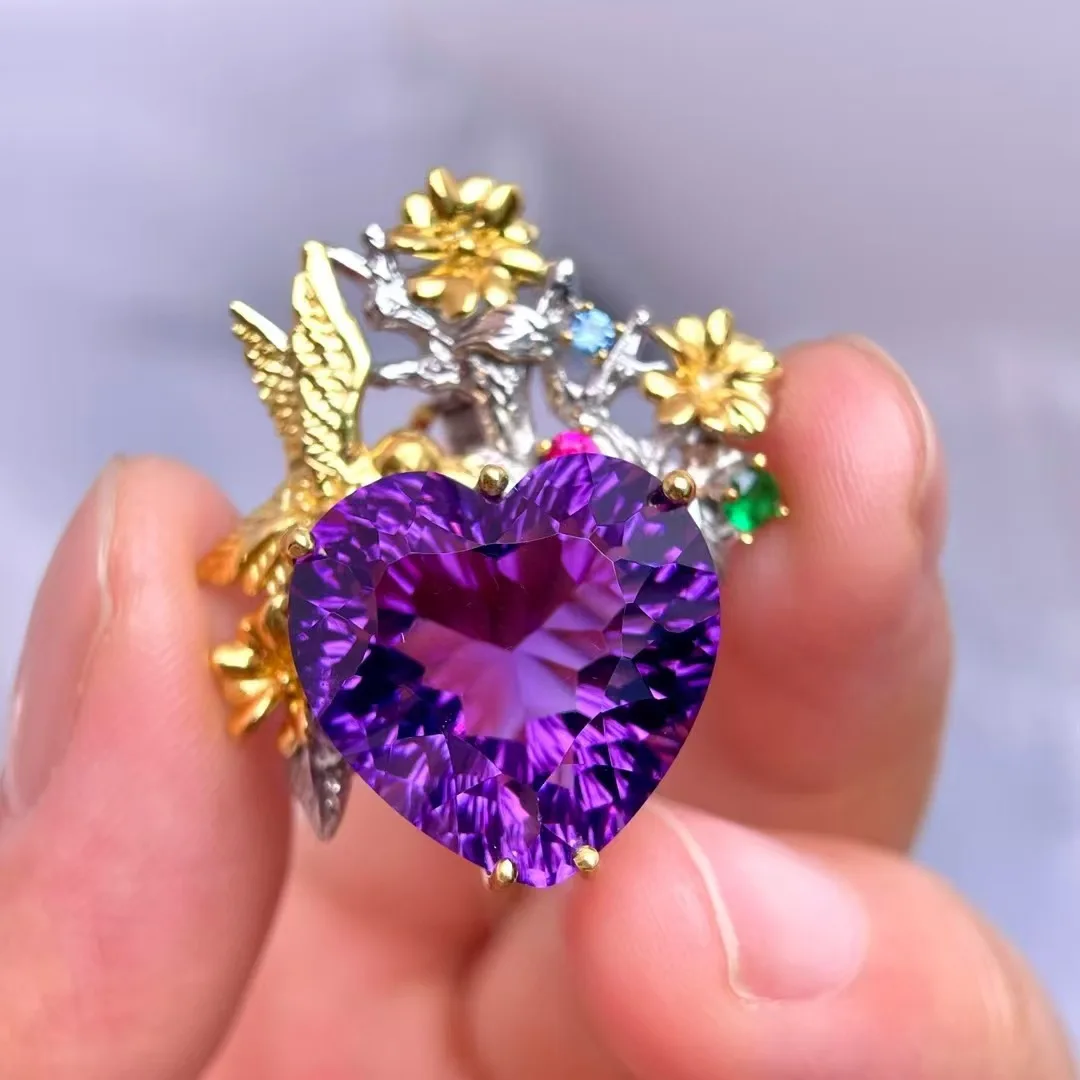 Natural Amethyst Pendant, 925 Silver Two-Tone Finish Fairy Tale Style Romantic Purple Gemstone, Crystal Jewelry Gift for Women