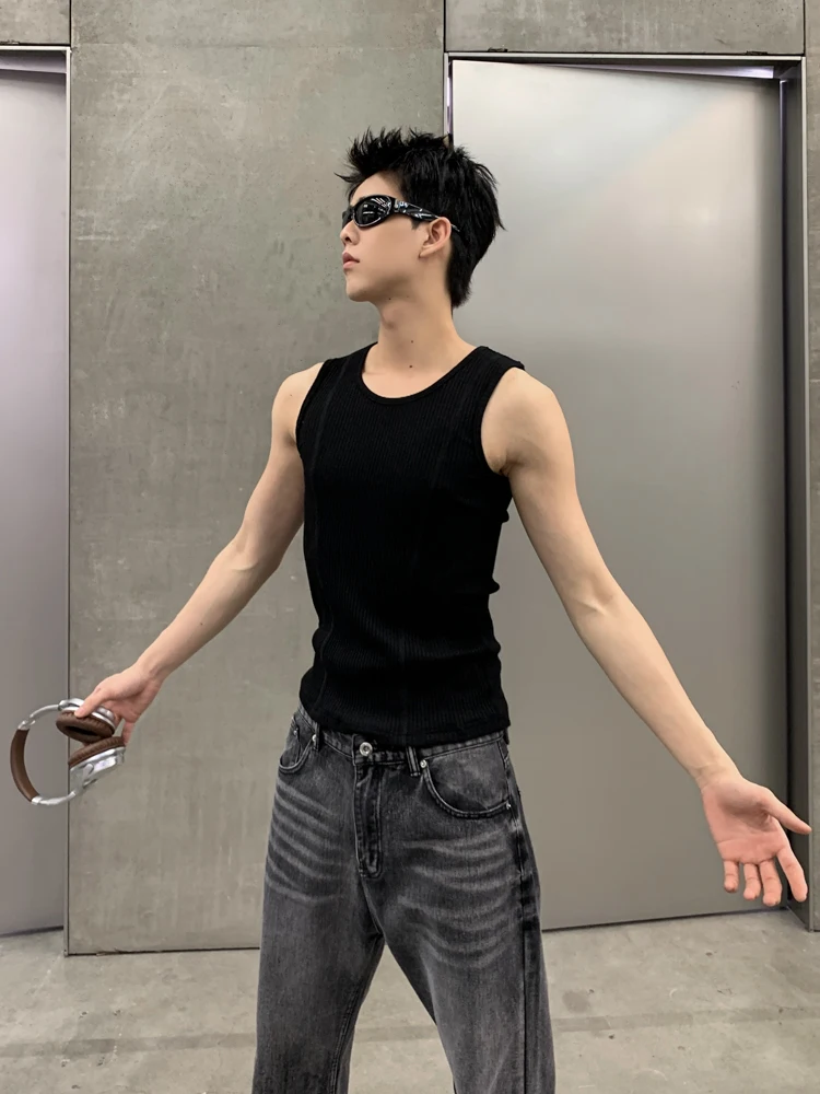 Elastic Sleeveless Knitted Vest Men's Summer New Casual Fitness round Neck Shoulder Pad T-shirt Youth Fashion Sweat Vest