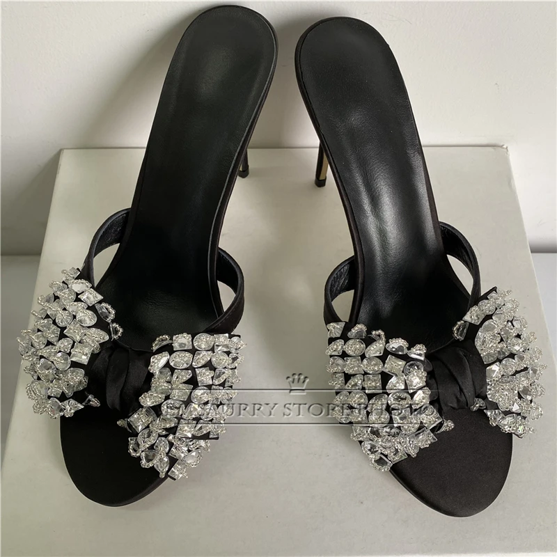 Sewing Rhinestone Butterfly-Knot Sandals Women 10cm Stiletto Heel Luxury Satin Slingbacks Slim Summer Shoes