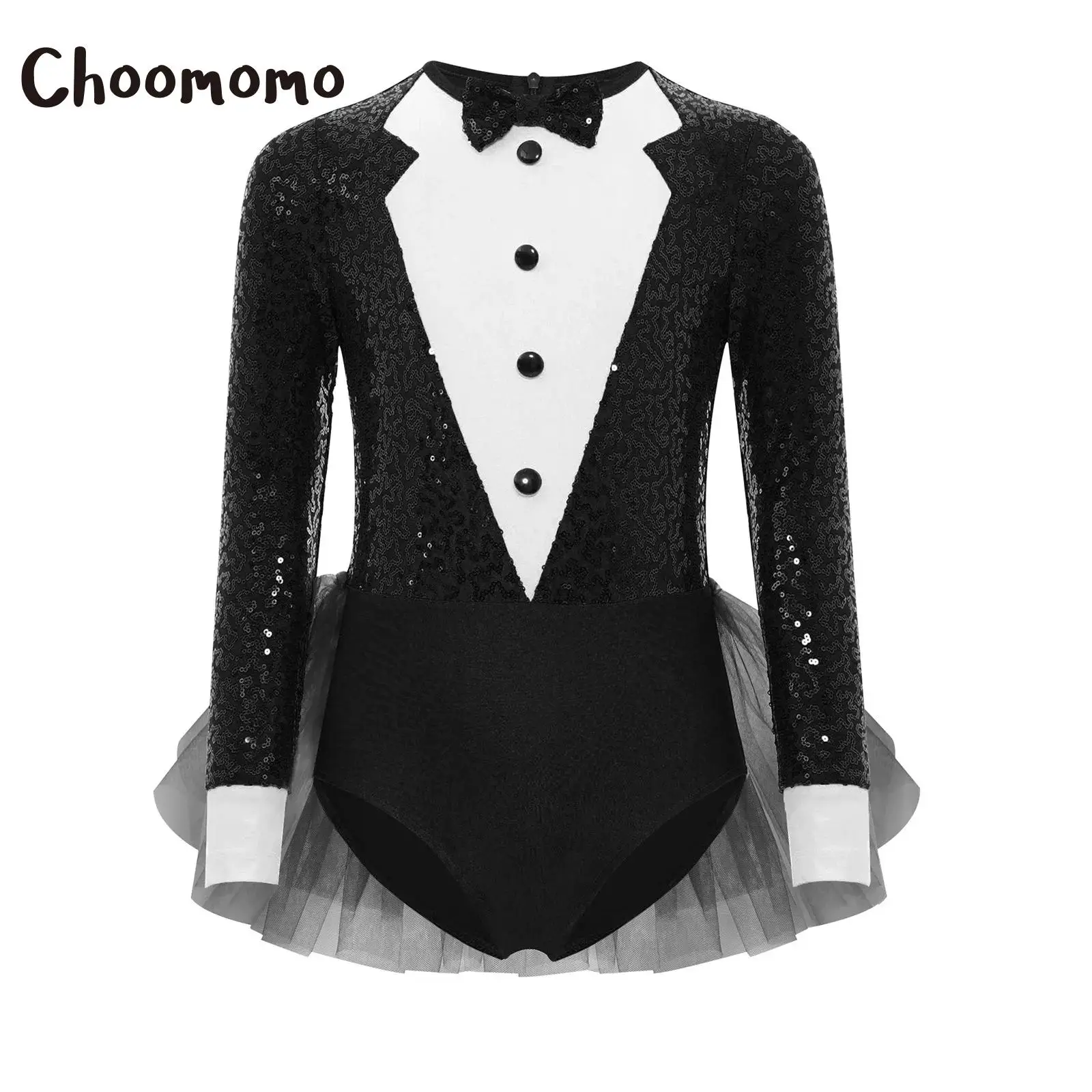 

Kids Latin Jazz Dance Leotard Performance Costume Gymnastics Workout Bodysuit Shiny Sequins Bodice and Tulle Skirted Long Sleeve