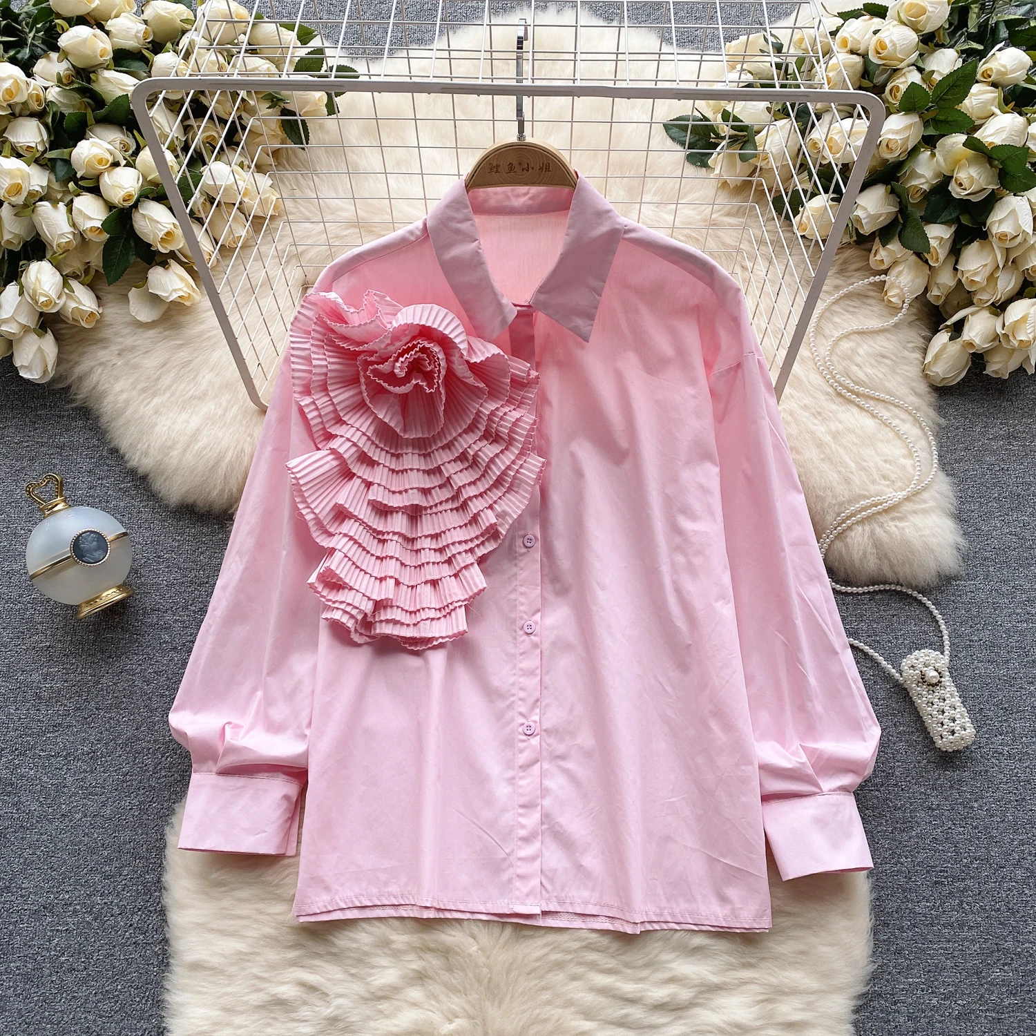 Chic Elegant Three-dimensional Floral Long Sleeve Loose Top Vintage Korean Ruffle  Camis Fairy Crop Top Autumn Women Clothing